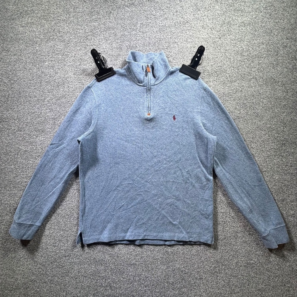 Polo Ralph Lauren Sweater Mens Medium Blue Knit Cotton Mock Neck 1/4 Zip Pony